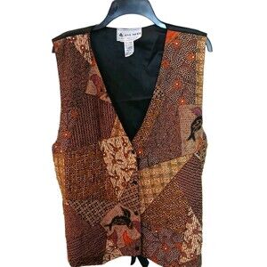 Vintage Ana Mori Beaded Patchwork Vest One Size 100% Cotton Lined Polyester Gold